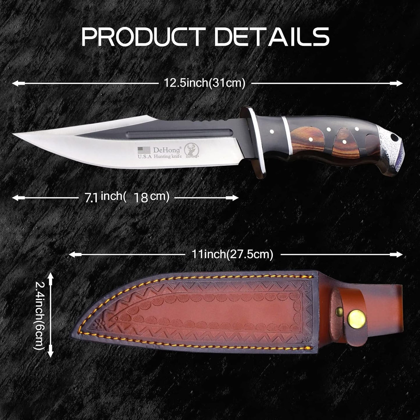 DeHong-88 Hunting Knife, 7.1" (about 18 cm) Fixed Blade Tactical knife ，Configure leather scabbard,Camping, survival， Slicing, Boning, Gift Collection