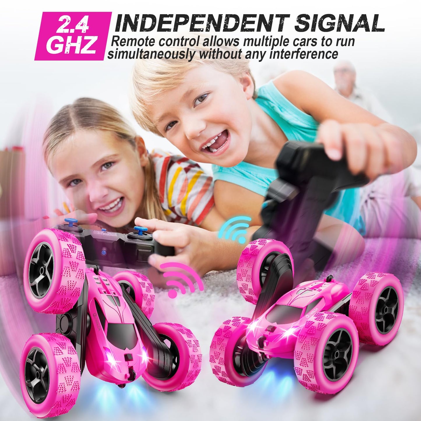 Remote Control-4WD Stunt Car with LED Lights & 360° Flips-2.4GHz-Upgraded USB-C Modular Batteries