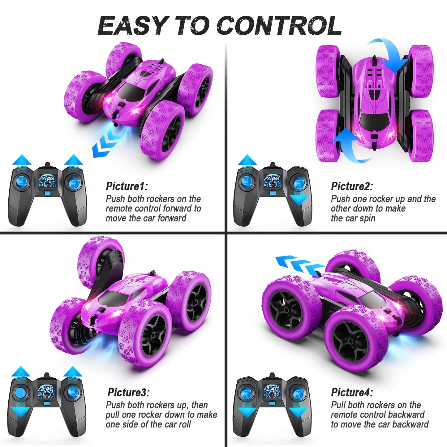 Remote Control-4WD Stunt Car with LED Lights & 360° Flips-2.4GHz-Upgraded USB-C Modular Batteries