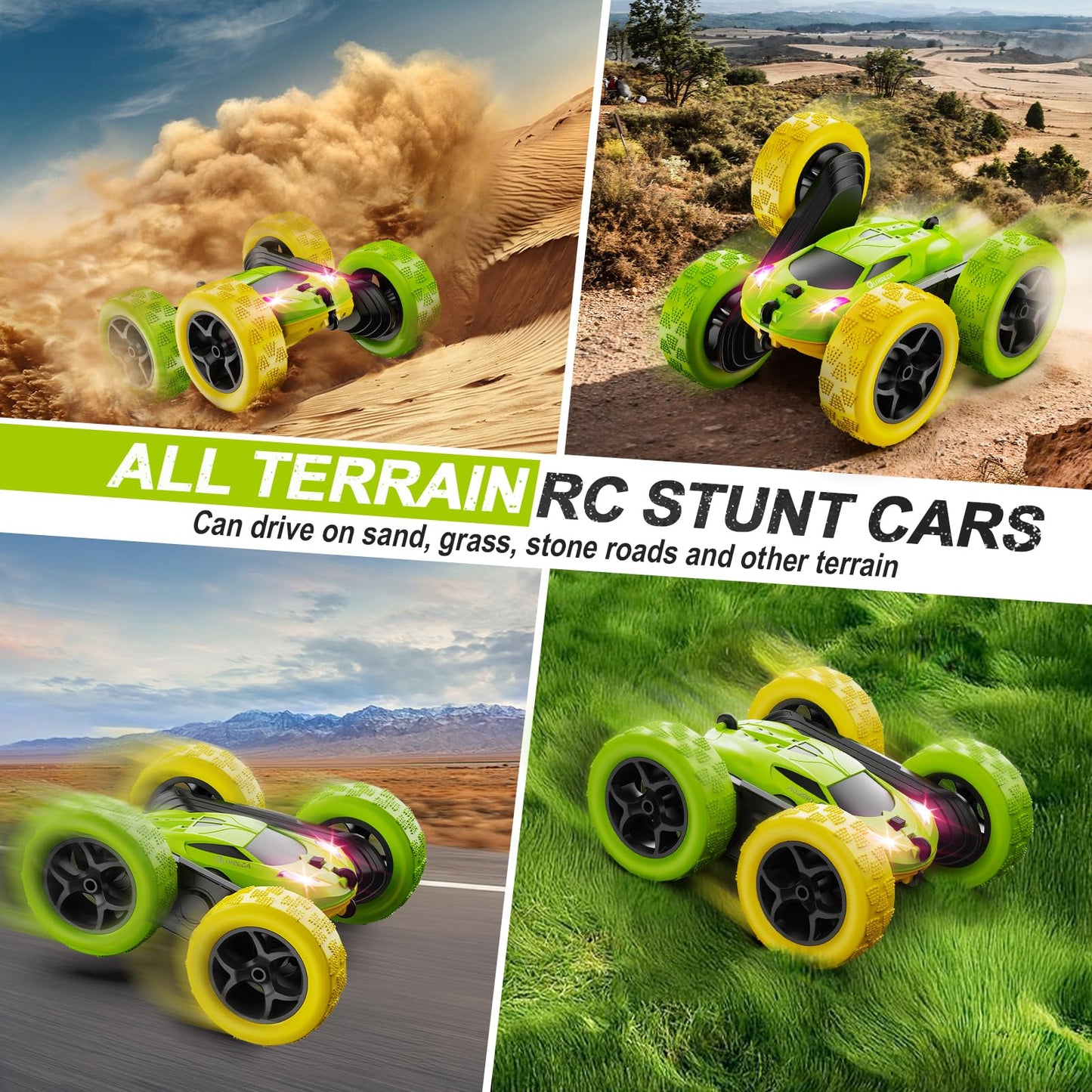 Remote Control-4WD Stunt Car with LED Lights & 360° Flips-2.4GHz-Upgraded USB-C Modular Batteries