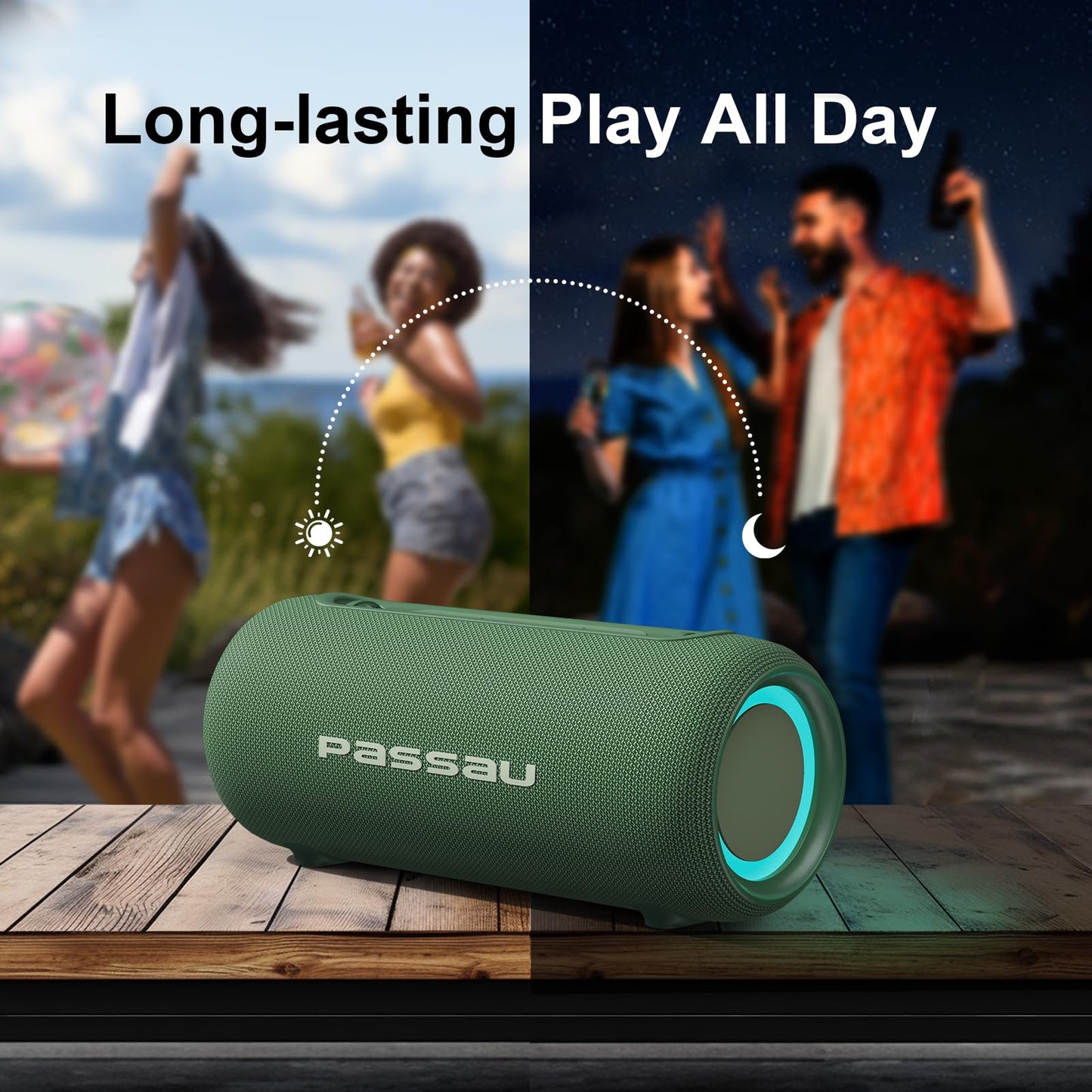 *Passau Portable Bluetooth Speakers 40W Peak Loud Stereo Sound, Passive Radiators-Deep Bass, All Day Playtime, Adjustable Strap, BT5.3, IPX5 Wireless Speaker RGB Lights for Indoor Outdoor-Green》