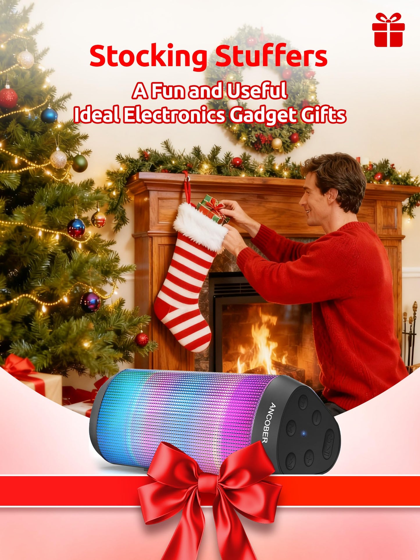 *Bluetooth Speaker with Cool Lights Stocking Stuffers for Men Women Teens Boys Girls, Portable Wireless, IPX4 Waterproof, White Elephant Gifts for Adults, HD Sound, TWS Pair, for Home/Party/Outdoor
