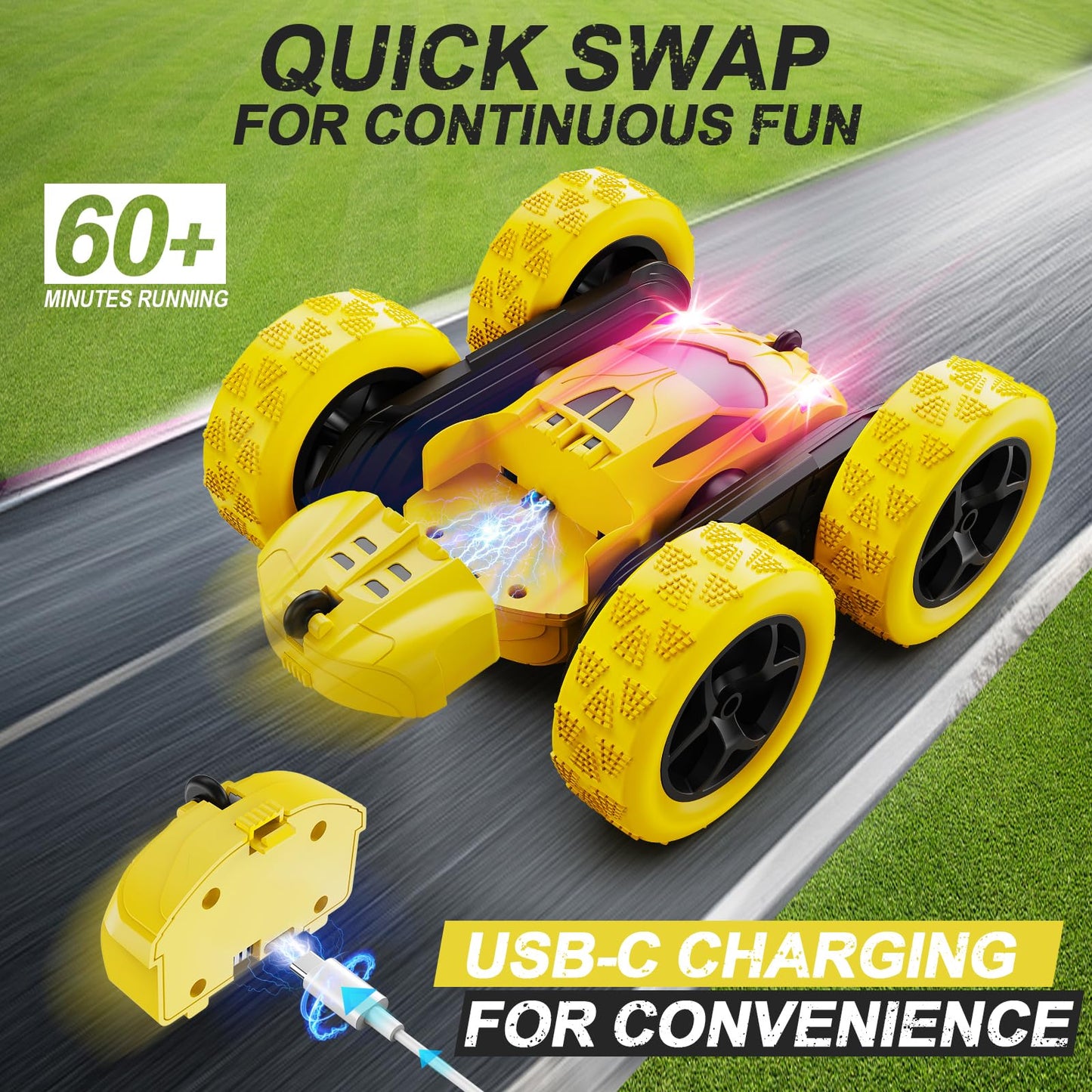 Remote Control-4WD Stunt Car with LED Lights & 360° Flips-2.4GHz-Upgraded USB-C Modular Batteries