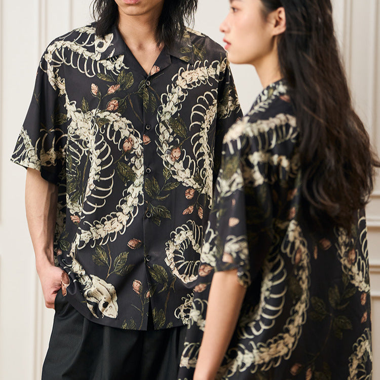 Original Designer Snake Bone Theme Pattern Printed Short Sleeve Cuban Collar Shirt - PryTheory