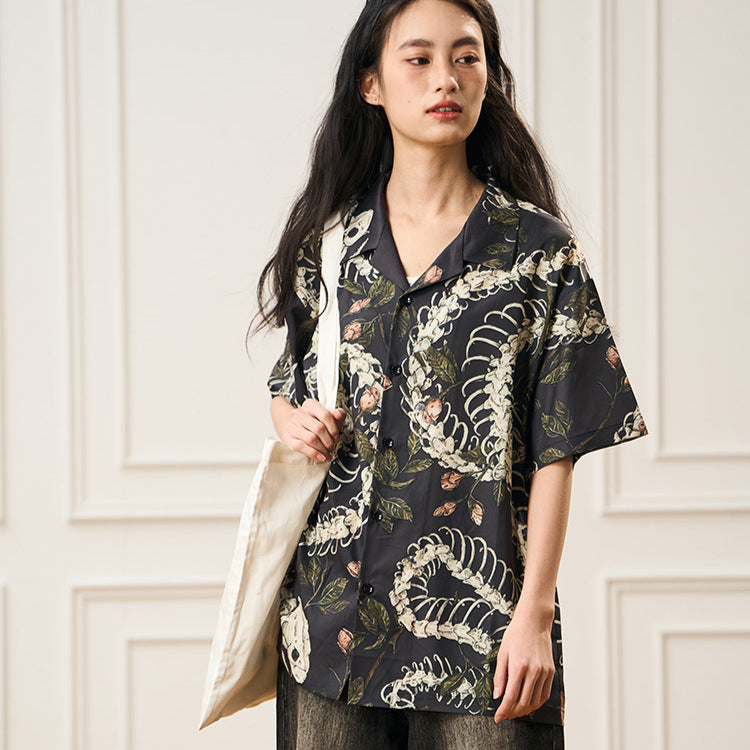 Original Designer Snake Bone Theme Pattern Printed Short Sleeve Cuban Collar Shirt - PryTheory