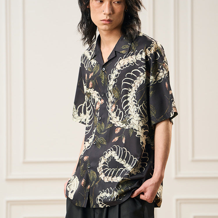 Original Designer Snake Bone Theme Pattern Printed Short Sleeve Cuban Collar Shirt - PryTheory