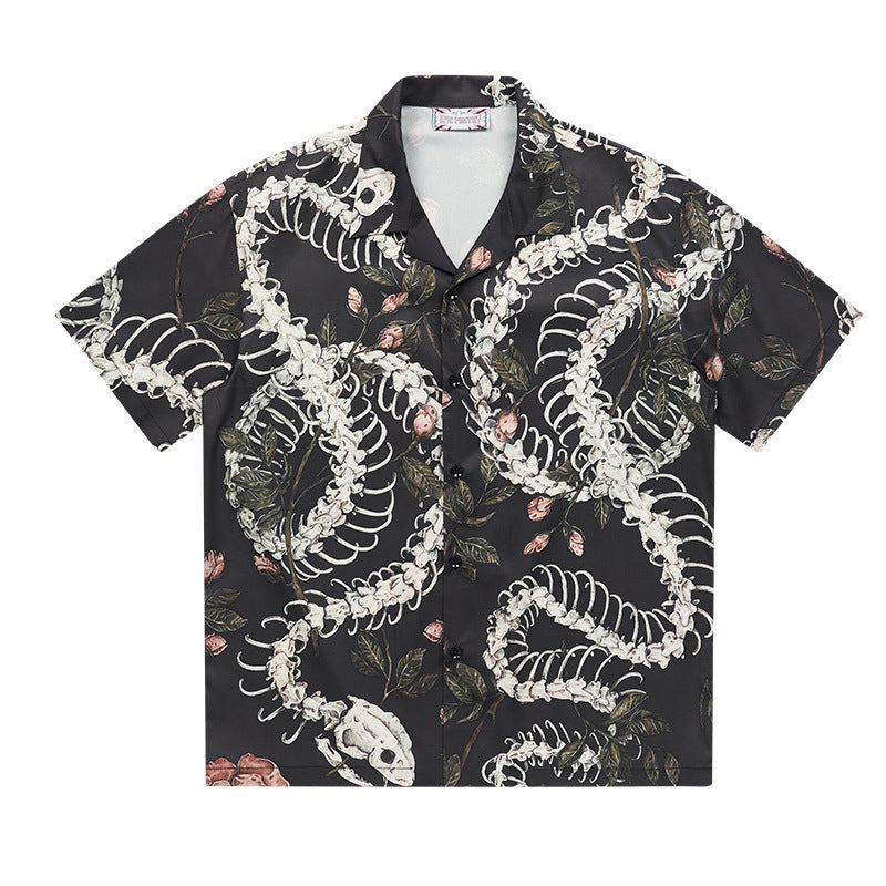 Original Designer Snake Bone Theme Pattern Printed Short Sleeve Cuban Collar Shirt - PryTheory