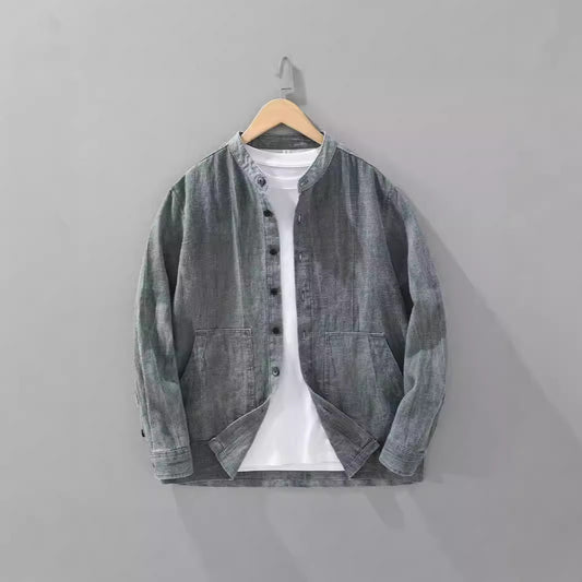 Men's Solid Color Ramie Stand Collar Retro Casual Coat Shirt - PryTheory
