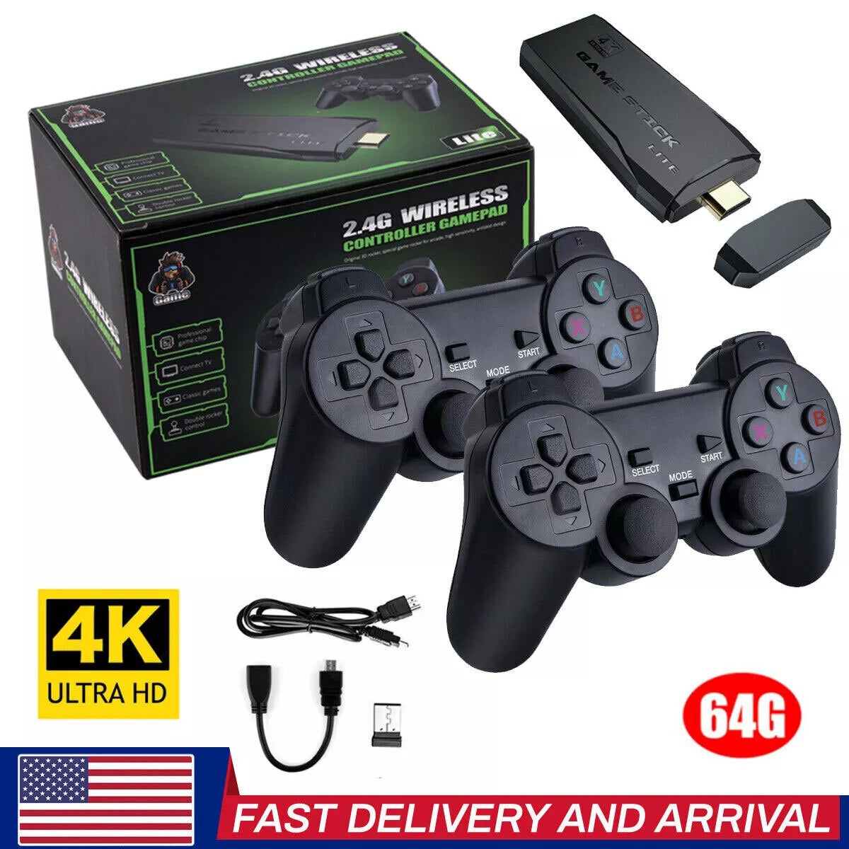 4K Retro Game Console Plug-Play 20000- Video Game Stick-2x Wireless Controllers. - PryTheory