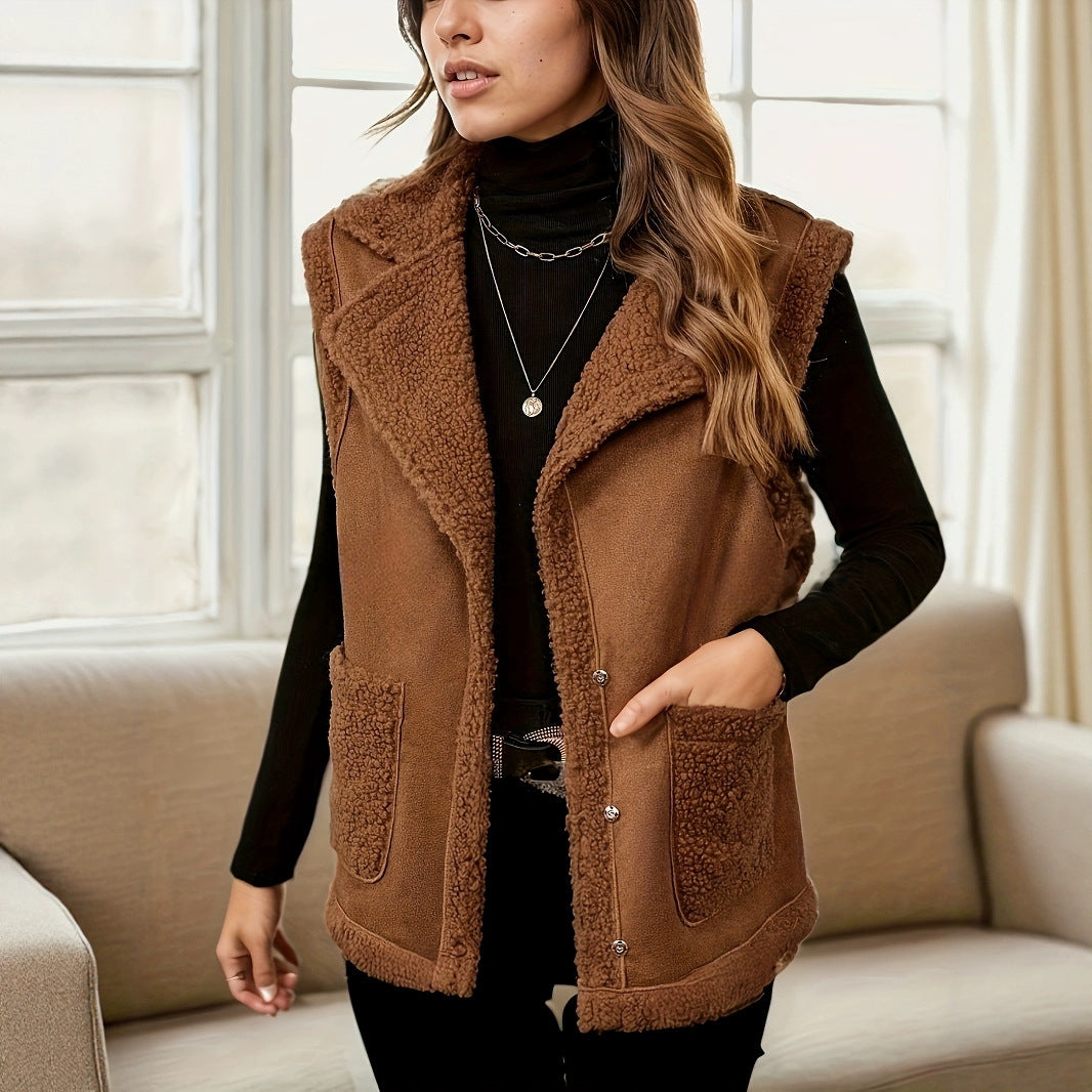 Women's Corduroy Collar Stitching Suede Vest Jacket With Side Pockets
