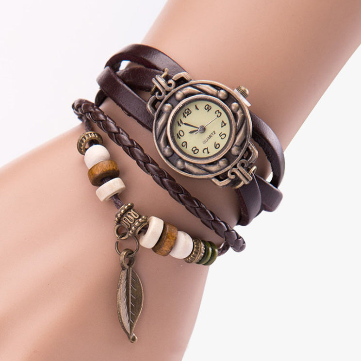 Fashion Explosion Style Retro Leaf Watch Hand Woven Retro Leather Ladies Bracelet Watch Manufacturer Wholesale