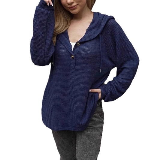 Solid Color Buttons Hoodie With Drawstrings V-neck Casual Loose Long Sleeve Sweatershirt
