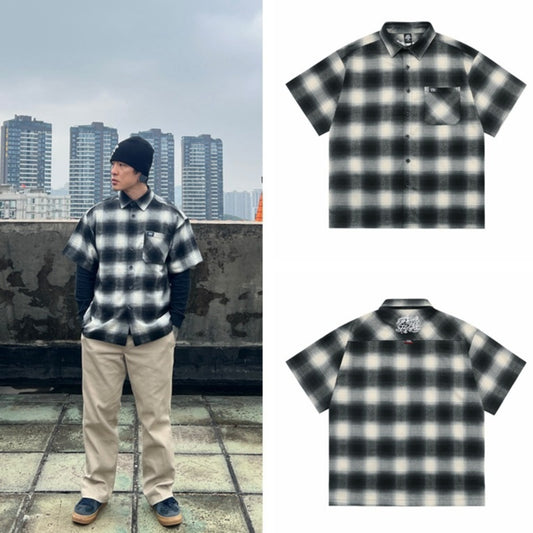 Large Plaid Classic Pocket Half Sleeve Cardigan Short Sleeve Shirt - PryTheory