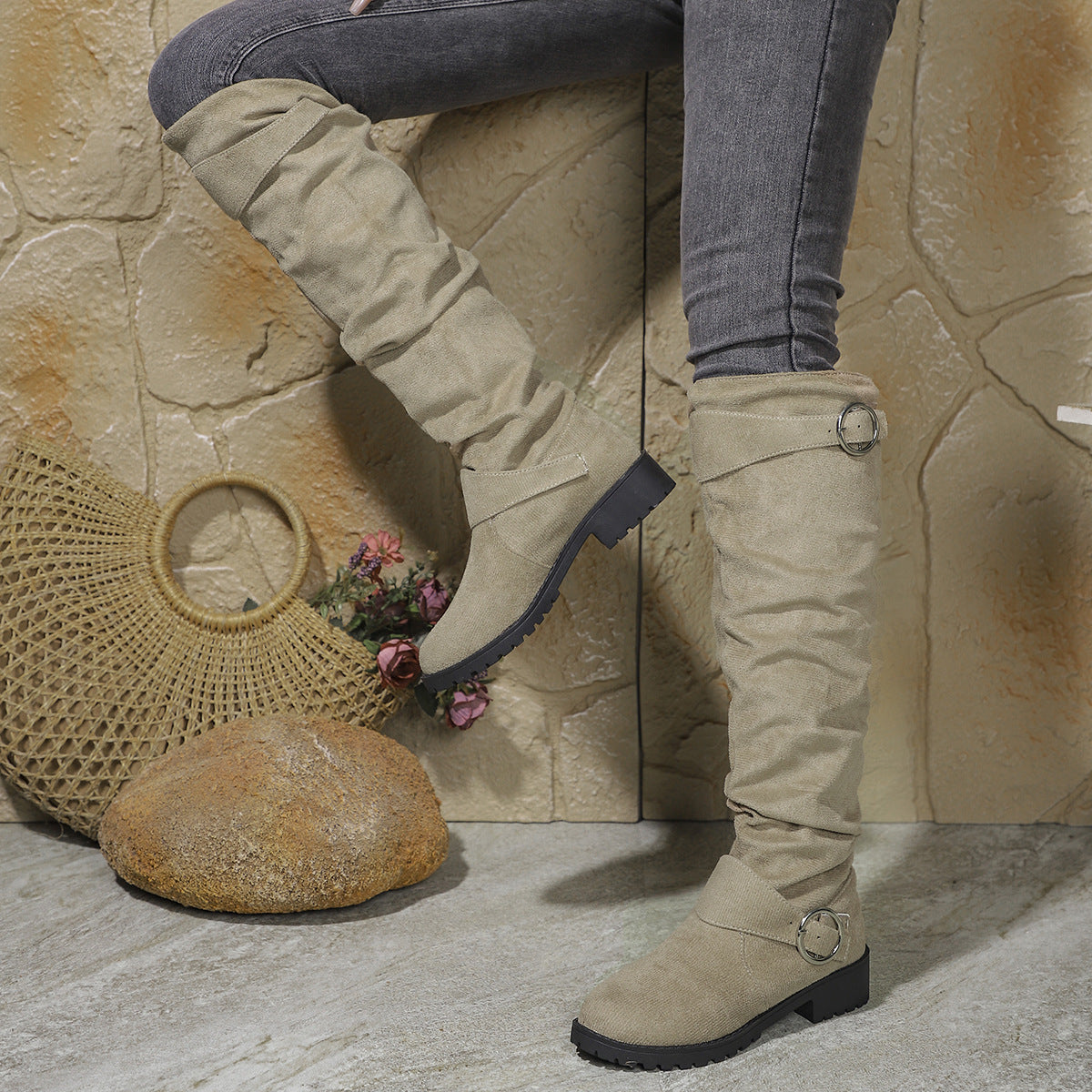 Winter Pleated Buckle High-top Large Size Riding Boots