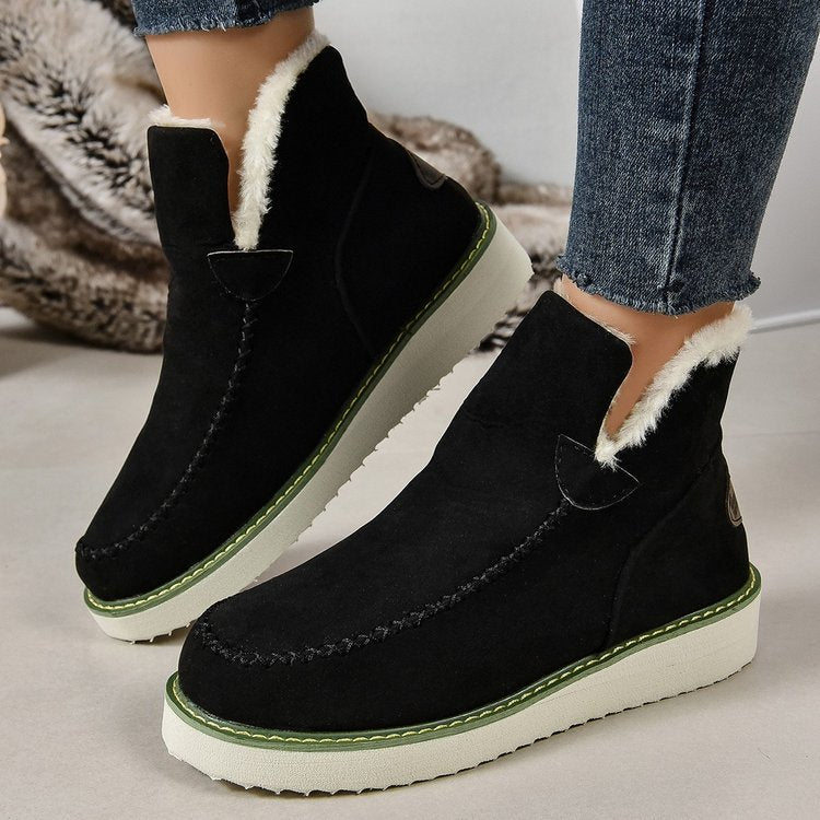 Winter Snow Boots Warm V-cut Flat Ankle Boot Women's Plus Size Solid Color Slip-on Shoes