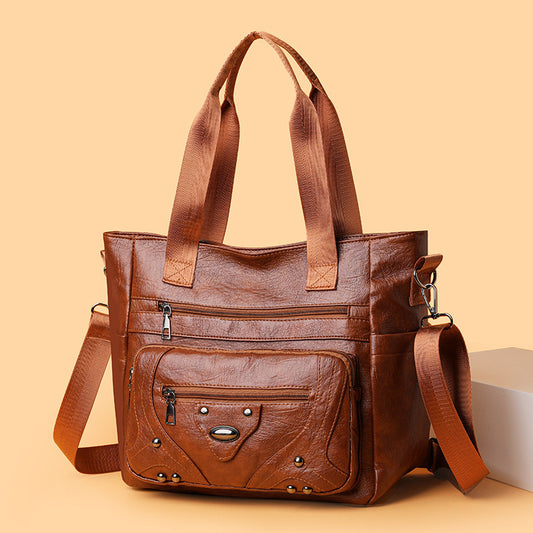 .Large Capacity Soft Leather Washed Leisure Commute Shoulder Bag - PryTheory